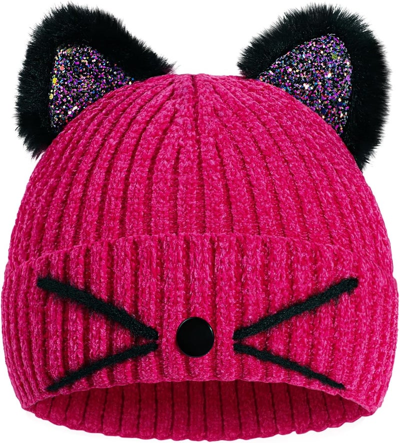 ACTLATI Kids Girls Sequin Cat Ears Hats Winter Knitted Beanie Hat for Outdoor Snow Ski Skull Cap Ages 7-12 - Image 1